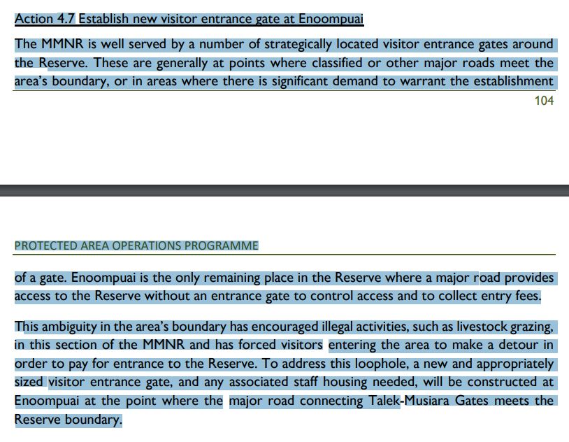 Snapshot of management plan proposing new gate to add to the 6 existing masai mara gates